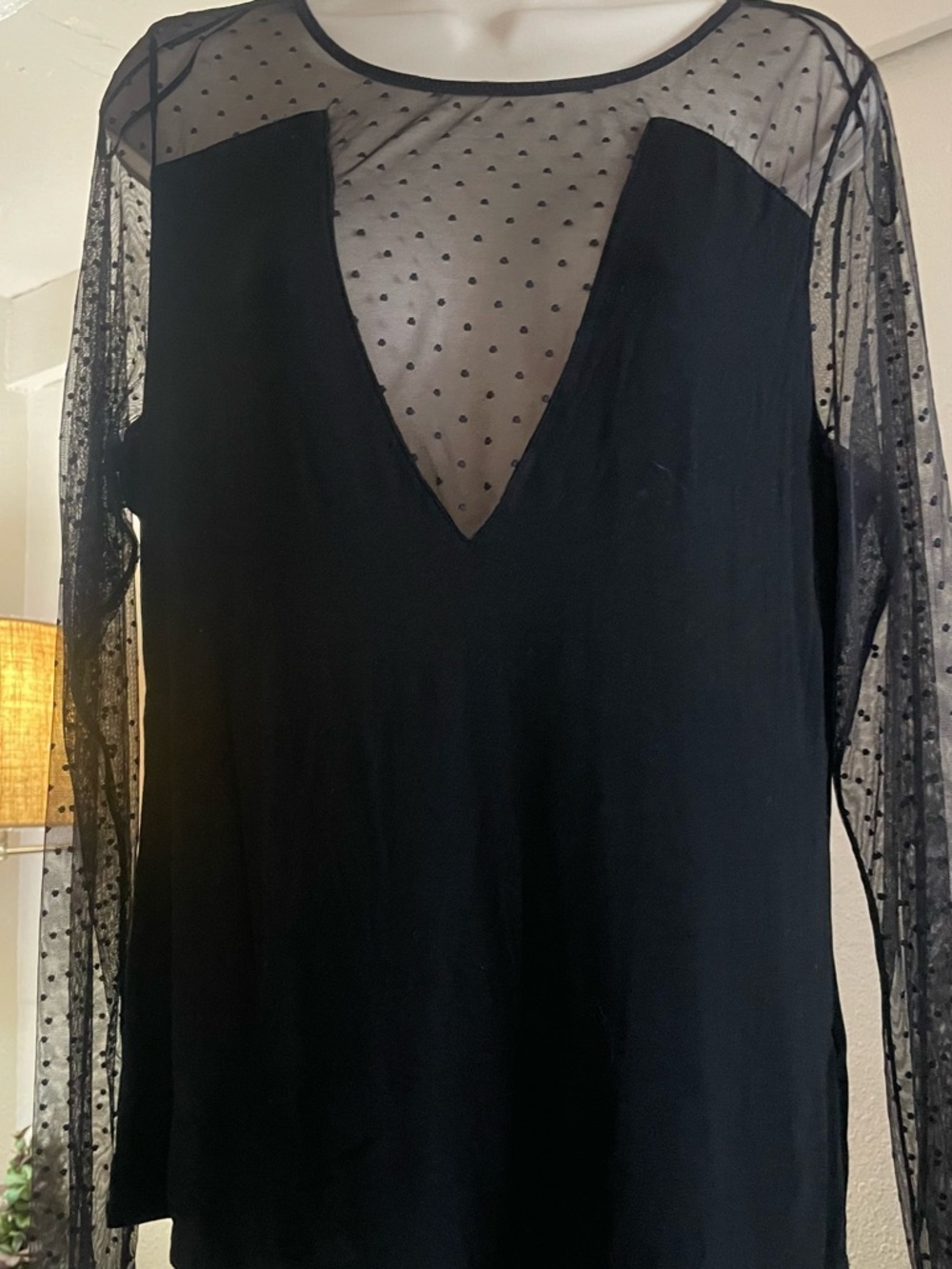 Sheer Polka Dot Yoke Black Blouse